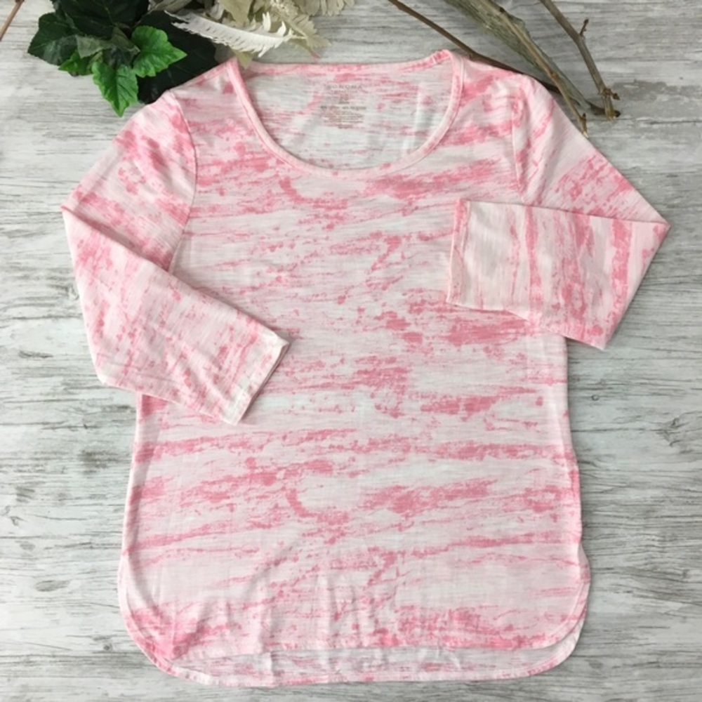 Sonoma Pink White Splattered Tunic Top Petite S 3/4 Sleeves Hi Lo Shirt